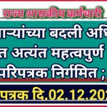 कर्मचाऱ्यांच्या बदली अधिकार संदर्भात अत्यंत महत्वपुर्ण शासन परिपत्रक निर्गमित ; परिपत्रक दि.02.12.2024